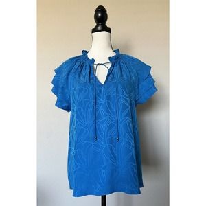Marie Oliver Sz M Women’s Ruffle Sleeve 100% Silk Cobalt Blue Top Blouse